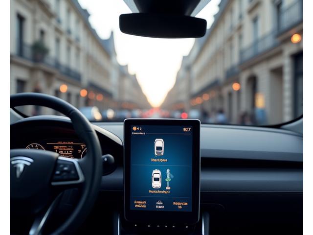 Tableau de bord moderne d'une voiture avec des icônes d'aides à la conduite actives
