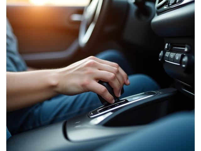 Main sur un levier de vitesse automatique dans une voiture propre, symbole de simplicité