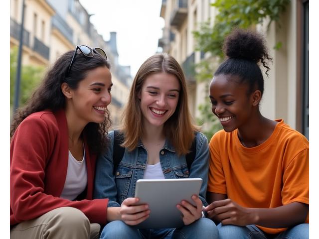 Groupe d'étudiants souriants devant une bibliothèque universitaire moderne avec des livres, symbolisant les avantages et réductions pour Roule Libre
